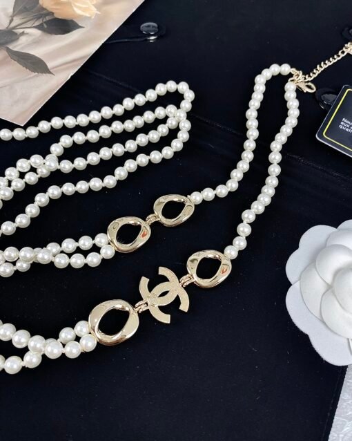 Chanel new style geometric oval letters diamond-set pearl double layer necklace sweater chain - Image 7