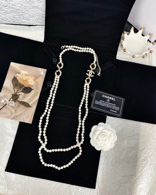 Chanel new style geometric oval letters diamond-set pearl double layer necklace sweater chain - Image 6