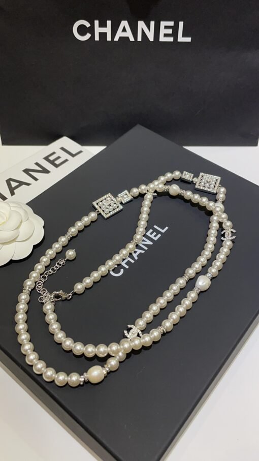 24s new hollow rhinestone pearl square double C perfume bottle necklace sweater chain - Image 6