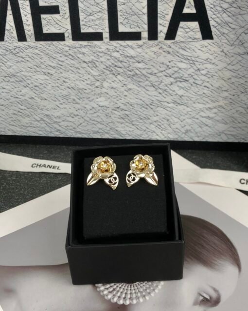 Chanel new style camellia flowers leaves hollow glossy earrings