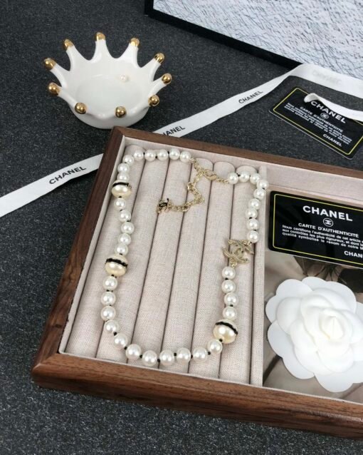 Chanel new half-pearl black oil-drop double c ball resin pearl necklace - Image 3