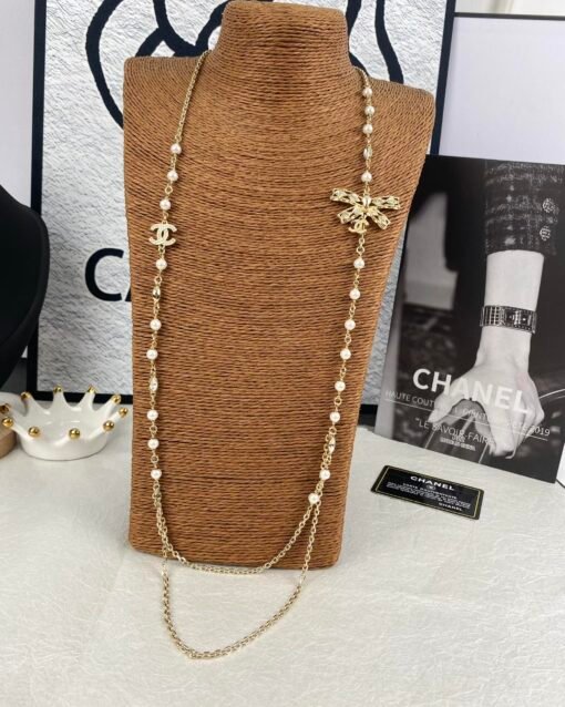 New light gold pearl diamond bow long necklace sweater chain - Image 3