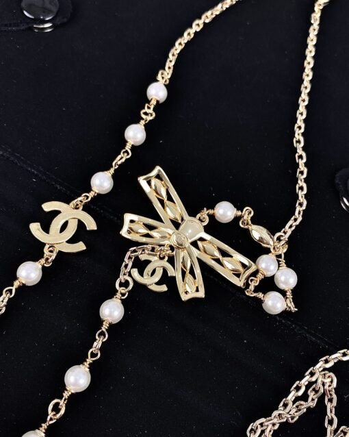 New light gold pearl diamond bow long necklace sweater chain - Image 5