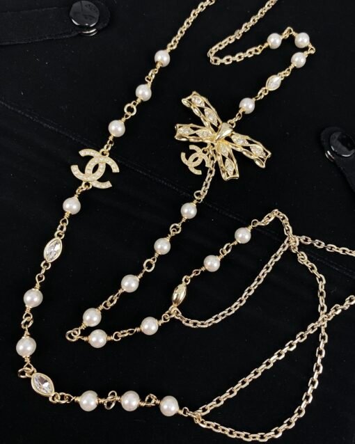 New light gold pearl diamond bow long necklace sweater chain - Image 4