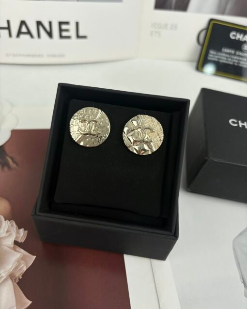 Chanel new style, light gold round relief, diamond letter earrings