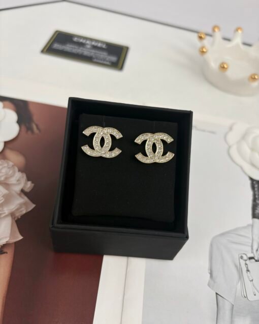 Chanel new style, light gold full diamond, double c earrings