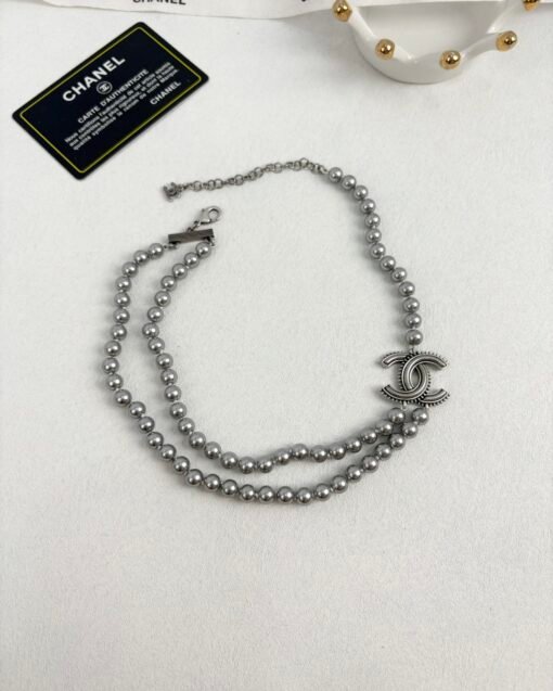 Chanel new product ancient silver resin double-layer gun color pearl necklace - Image 2