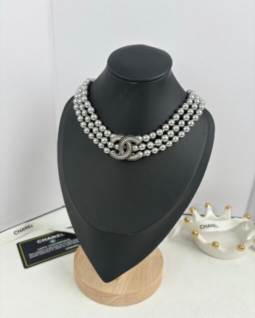 Chanel new style ancient silver resin three-layer pearl necklace