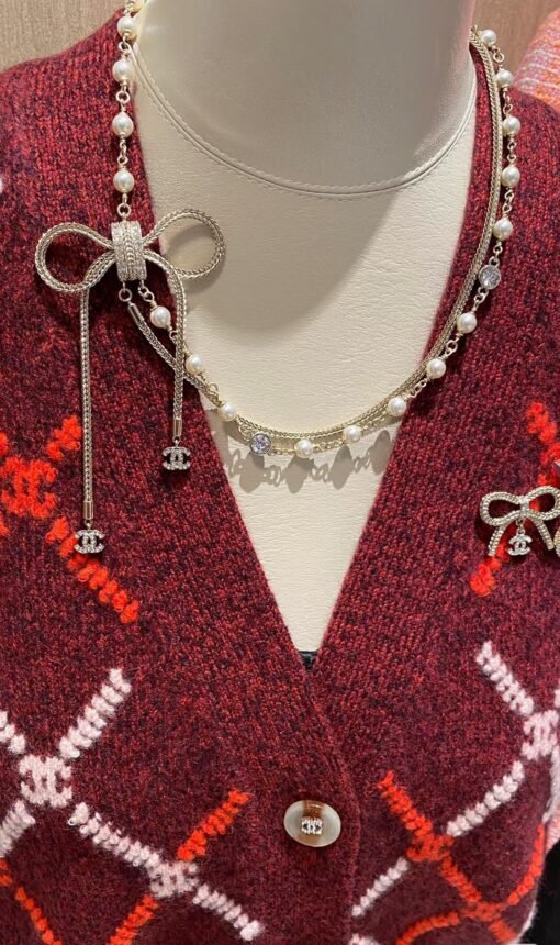 Chanel new style bow double-layer pearl braided chain double c necklace - Image 3