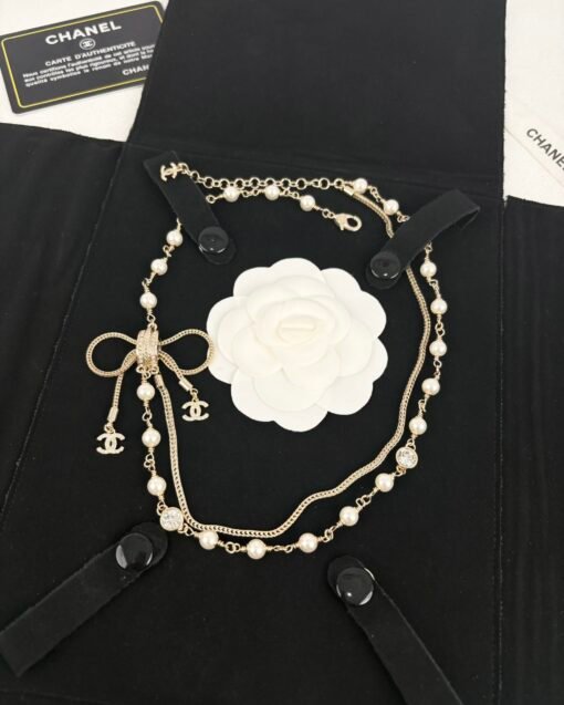 Chanel new style bow double-layer pearl braided chain double c necklace