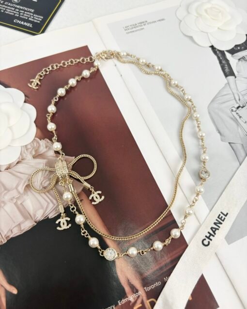 Chanel new style bow double-layer pearl braided chain double c necklace - Image 4
