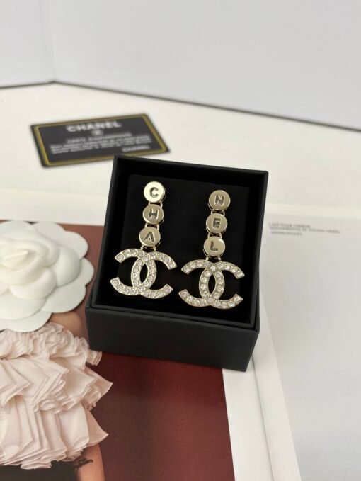 Chanel new light gold rhinestone hollow double c letter pendant earrings