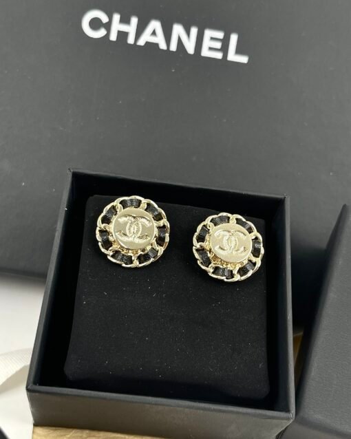 Chanel new style light gold round leather simple fashionable earrings - 图片 7