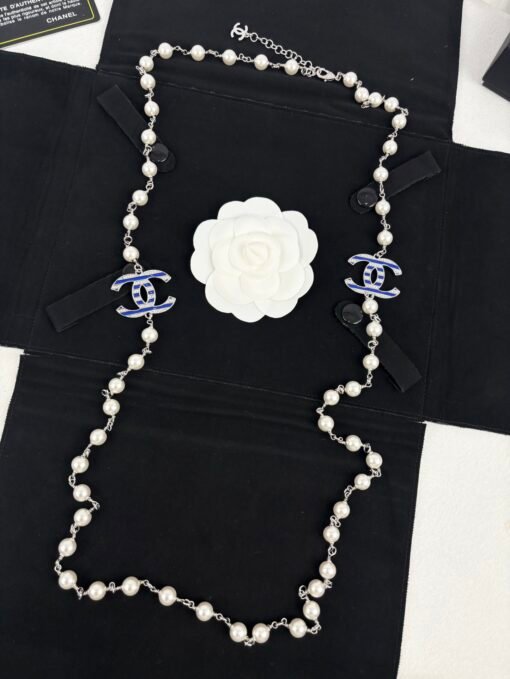 Chanel new style blue enamel C-diamond letters pearl fashion necklace sweater chain