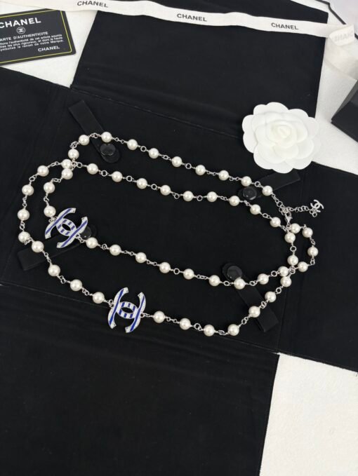 Chanel new style blue enamel C-diamond letters pearl fashion necklace sweater chain - Image 2