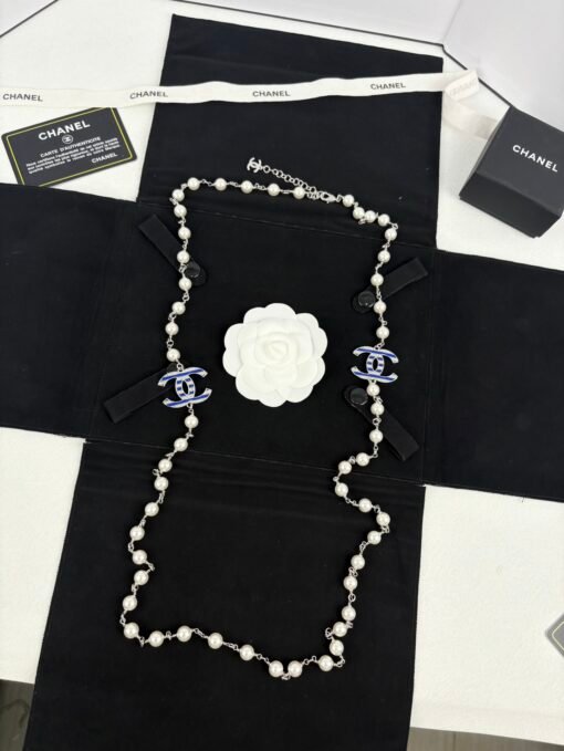 Chanel new style blue enamel C-diamond letters pearl fashion necklace sweater chain - Image 3