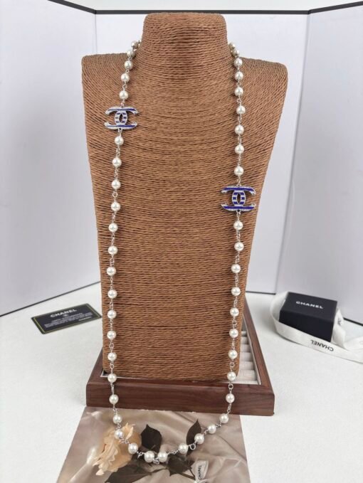 Chanel new style blue enamel C-diamond letters pearl fashion necklace sweater chain - Image 7