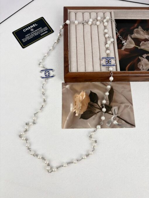 Chanel new style blue enamel C-diamond letters pearl fashion necklace sweater chain - Image 8