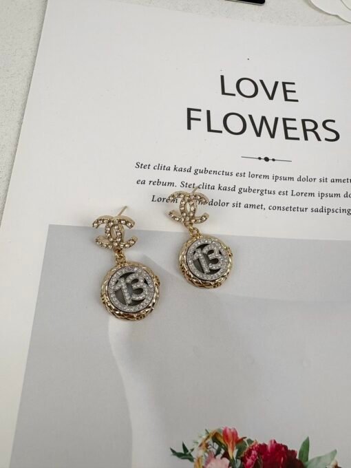 Chanel new style gold diamond round silver number 1full diamond hollow pendant large earrings - Image 8