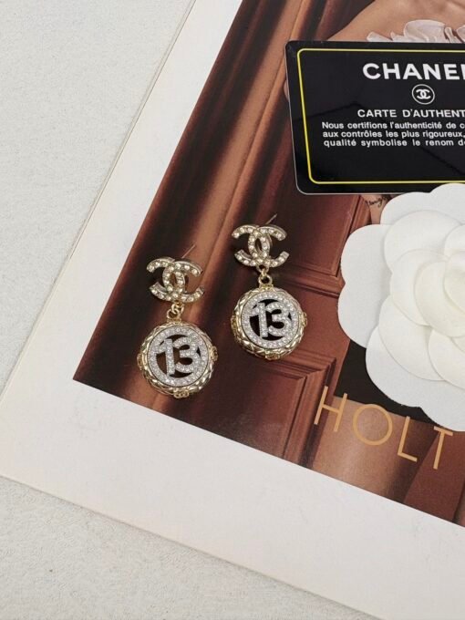Chanel new style gold diamond round silver number 1full diamond hollow pendant large earrings - Image 5