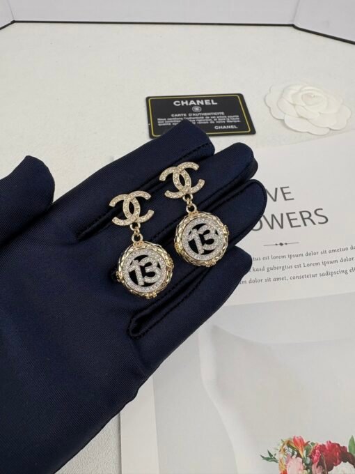 Chanel new style gold diamond round silver number 1full diamond hollow pendant large earrings - Image 9
