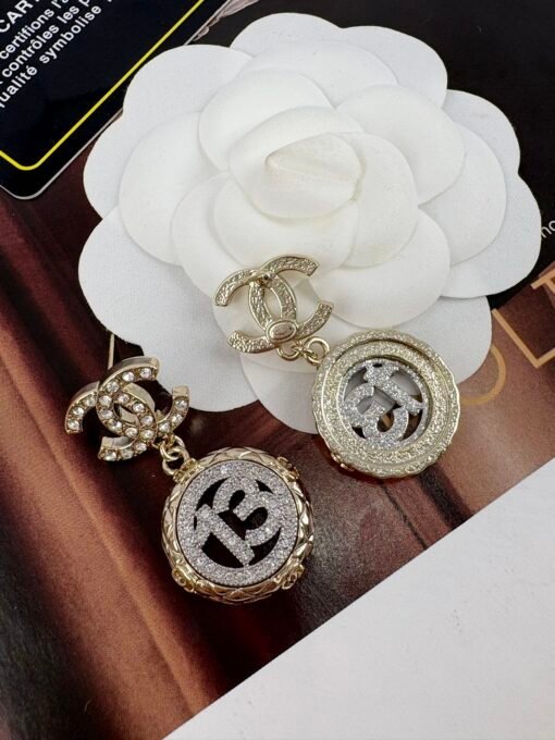Chanel new style gold diamond round silver number 1full diamond hollow pendant large earrings - Image 6