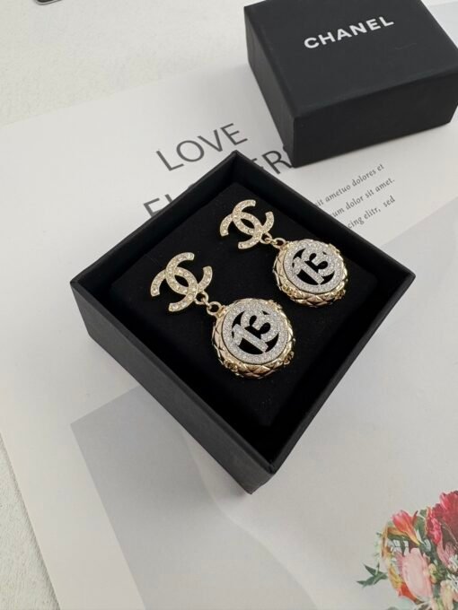Chanel new style gold diamond round silver number 1full diamond hollow pendant large earrings - Image 4