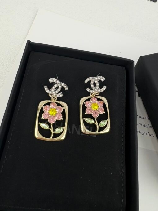 Chanel new rectangular frame encircles flowers colorful rhinestone hollow pendant earrings - Image 9