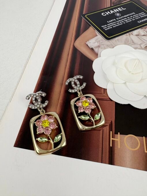 Chanel new rectangular frame encircles flowers colorful rhinestone hollow pendant earrings - Image 7