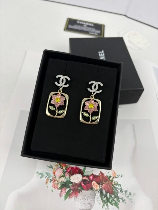 Chanel new rectangular frame encircles flowers colorful rhinestone hollow pendant earrings - Image 6