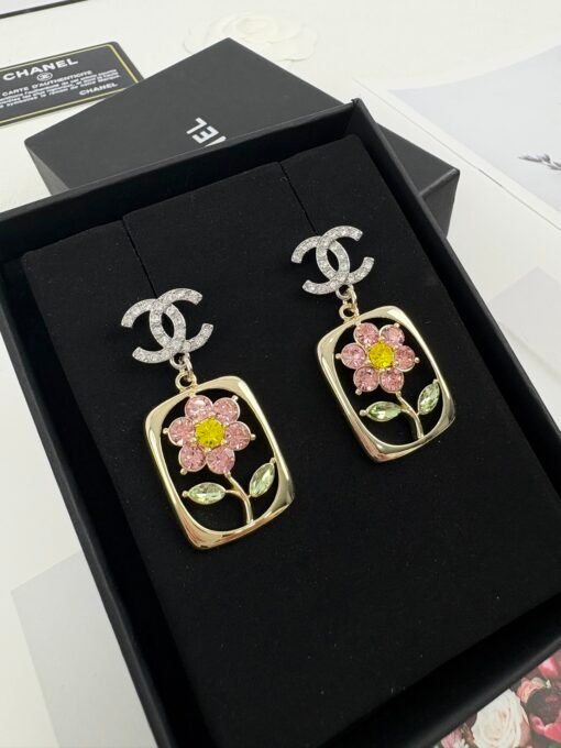 Chanel new rectangular frame encircles flowers colorful rhinestone hollow pendant earrings