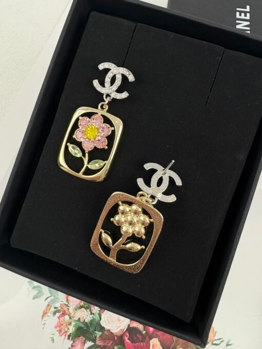 Chanel new rectangular frame encircles flowers colorful rhinestone hollow pendant earrings - Image 5
