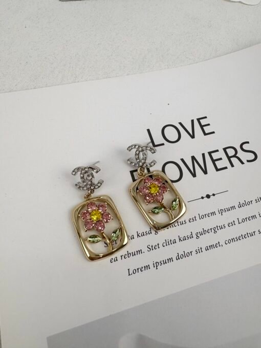 Chanel new rectangular frame encircles flowers colorful rhinestone hollow pendant earrings - Image 8