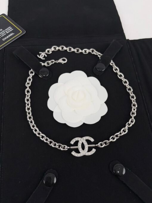 Chanel new style silver full diamond double c chain adjustable necklace