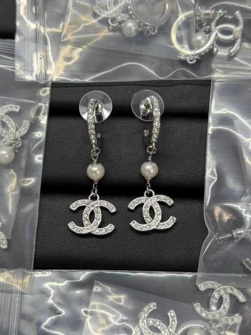 Chanel new ear hook silver hanging pearl double c rhinestone earrings