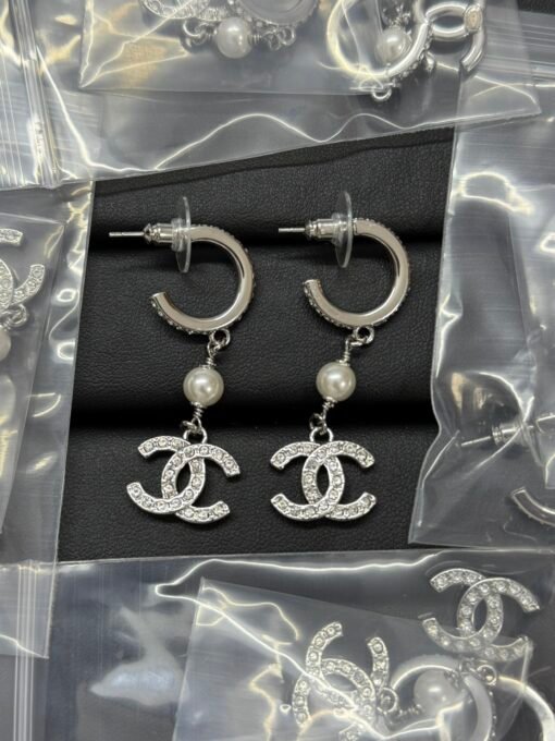 Chanel new ear hook silver hanging pearl double c rhinestone earrings - Image 2