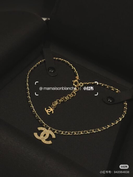 Chanel new leather double C rhinestone gold necklace - Image 2