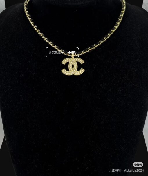 Chanel new leather double C rhinestone gold necklace - Image 3