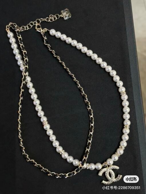 Chanel new double-layer leather pearl double-c rhinestone necklace - Image 8