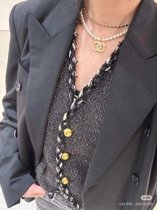 Chanel new double-layer leather pearl double-c rhinestone necklace - Image 5