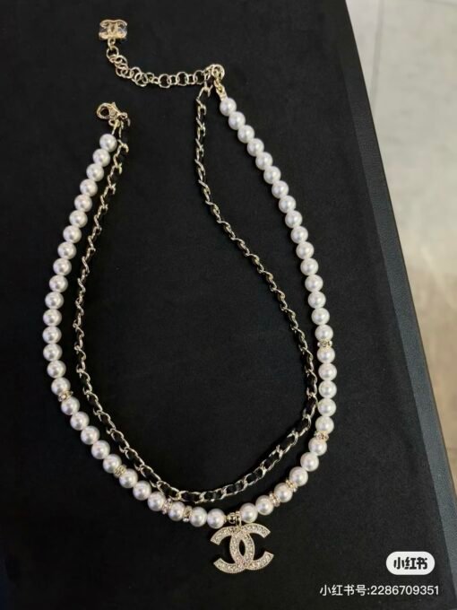 Chanel new double-layer leather pearl double-c rhinestone necklace - Image 7