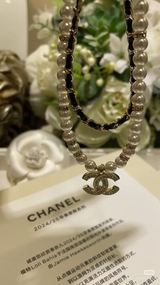 Chanel new double-layer leather pearl double-c rhinestone necklace - Image 3