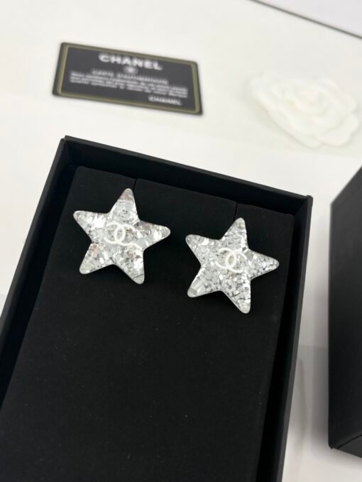 Chanel new style sequins white acrylic five-pointed star silver large earrings