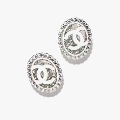 Chanel new silver full diamond oval temperament versatile earrings