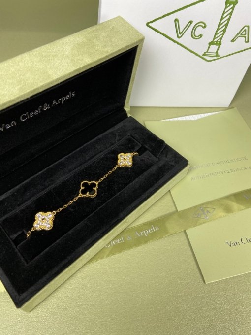Van Clerk Arpel Bracelet VCA Five-flowered Black Agate Diamond Bracelet Platinum Gold Rose Gold - Image 3