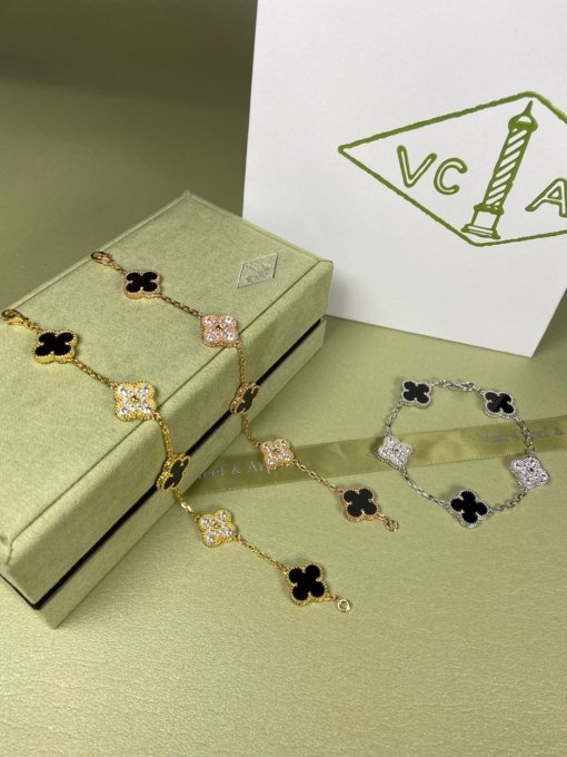 Van Clerk Arpel Bracelet VCA Five-flowered Black Agate Diamond Bracelet Platinum Gold Rose Gold - Image 6