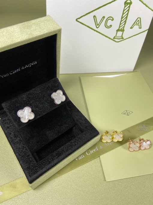 Van Clerk Arpels stud earrings VCA 4-leaf clover medium white fritillary earrings Platinum gold Rose gold - 图片 6