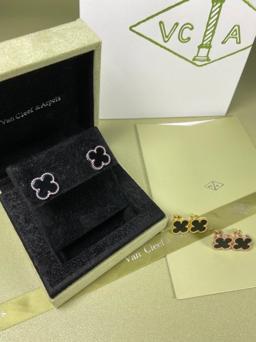 Van Clerk Arpels Stud Earrings VCA Four-leaf clover Medium Black Agate Earrings Platinum Gold Rose Gold - 图片 6