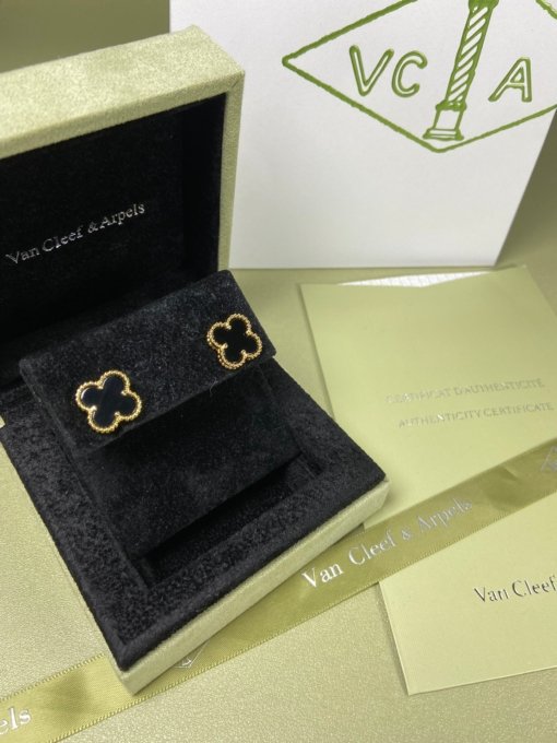 Van Clerk Arpels Stud Earrings VCA Four-leaf clover Medium Black Agate Earrings Platinum Gold Rose Gold - 图片 3