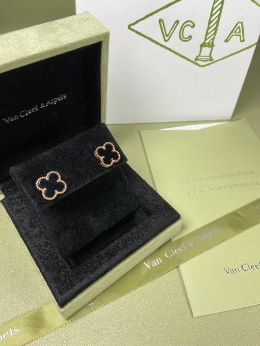 Van Clerk Arpels Stud Earrings VCA Four-leaf clover Medium Black Agate Earrings Platinum Gold Rose Gold - 图片 5